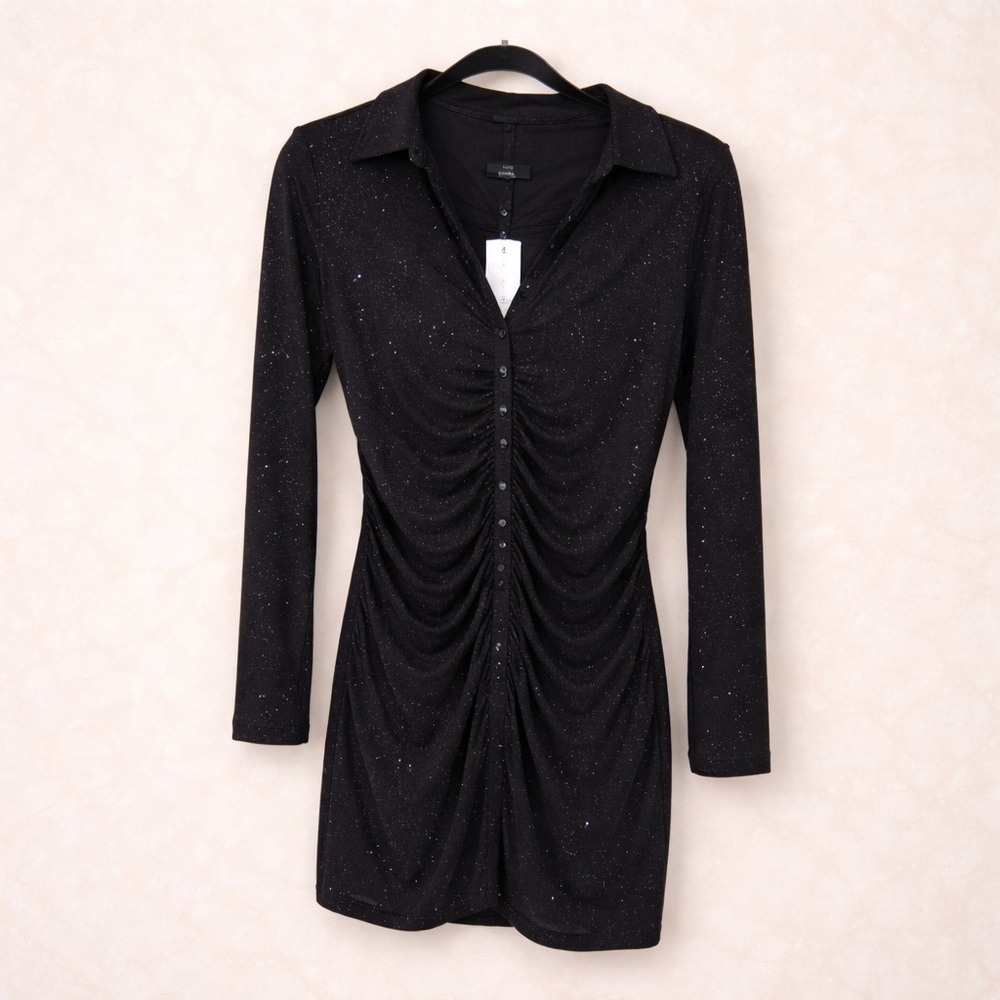 EVERNEW SPARKLE ROUCHED BLACK DRESS